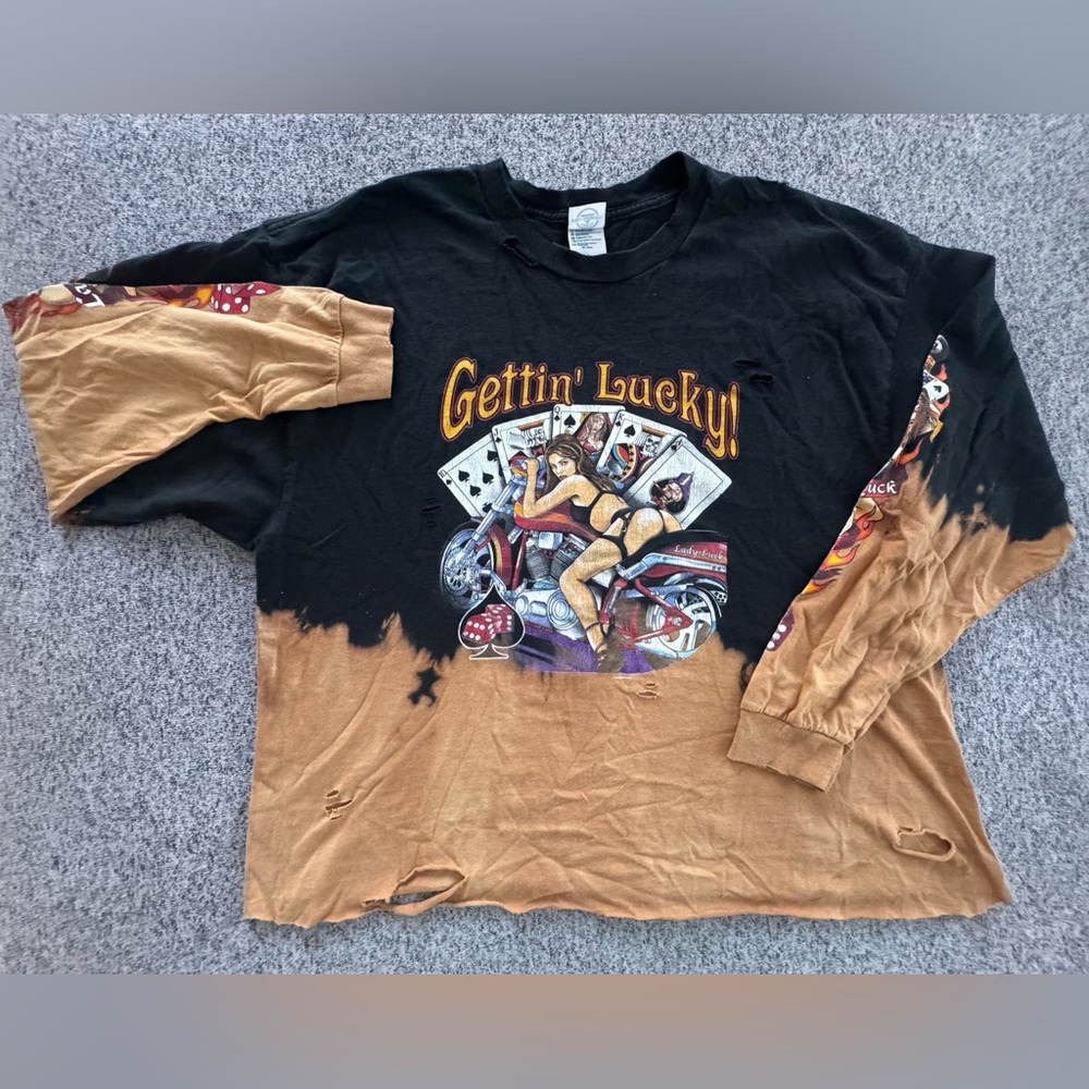 Bleach dyed long sleeve with motorocycle graphic